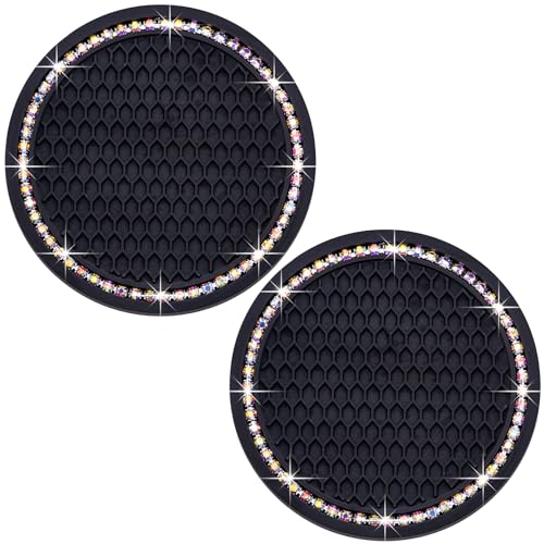 2PCS Bling Cup Holder Coaster, 2.75 Inch Auto Car Cup Holder Insert Coasters, Soft Silicone Anti-Slip Shockproof, Universal Vehicle Interior Accessories for Women Girls (Black & Colorful) - color: Black & Colorful, size: 2 pcs