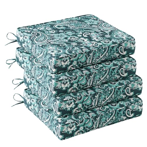 UNIKOME Outdoor Chair Cushions Set of 4, Water Resistant Patio Seat Cushions with Ties for Outdoor Furniture, High-Density Foam, UV & Fade Resistant, Piped Edge – 18.5" x 16" x 3", Boho Teal Paisley - color: 08 Boho Teal Paisley, size: 18.5" W X 16" D X 3