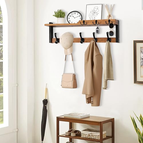dreampossible 4 in 1 Coat Rack Wall Mount with Shelf, Coat Hooks 25.2" Entryway Coat Hanger with Key Hooks and Mail Holder, Wall Hooks with Shelf, Hat Rack for Wall Key Holder Mail Organizer - color: Brown