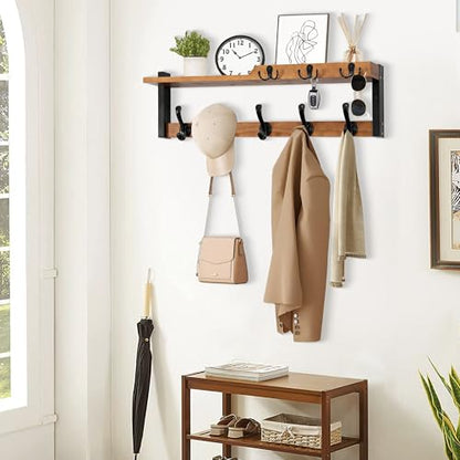 dreampossible 4 in 1 Coat Rack Wall Mount with Shelf, Coat Hooks 25.2" Entryway Coat Hanger with Key Hooks and Mail Holder, Wall Hooks with Shelf, Hat Rack for Wall Key Holder Mail Organizer - color: Brown