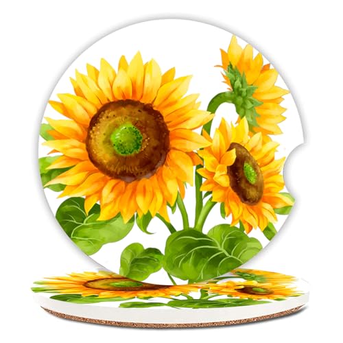 Sunflower Car Coasters for Drinks Absorbent,2 Pack Cup Holders,2.56" Ceramic Stone & Non-Scratch Cork Base Coasters,Auto Accessories for Women & Men - color: Sunflower