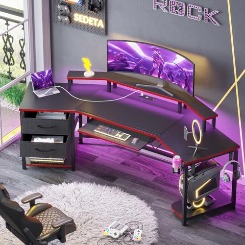 SEDETA 79" Gaming Desk, Computer Desk with 2 Fabric Drawers & LED Light, L Shaped Gaming Desk with Storage Shelf for Home Office, Carbon Fiber Black&Red - color: Carbon Fiber Black&red