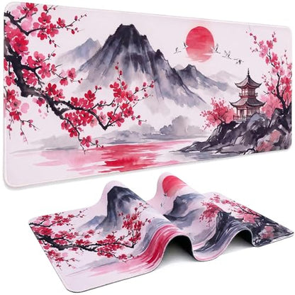 Gaming Mouse Pad, 35.4 x 15.7 Inch Extended Large Desk Mat, Waterproof Keyboard Mousepad with Non-Slip Rubber Base and Stitched Edges, Big Desk Pad for Computer Office Home (Ink Painting)