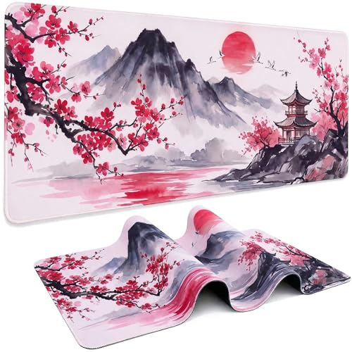 Gaming Mouse Pad, 35.4 x 15.7 Inch Extended Large Desk Mat, Waterproof Keyboard Mousepad with Non-Slip Rubber Base and Stitched Edges, Big Desk Pad for Computer Office Home (Ink Painting)