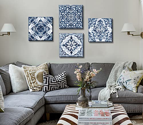 DJSYLIFE Bathroom Wall Decor Navy Blue Flower Paintings Canvas Prints Decoration Vintage Wall Art for Bedroom Framed Ready to Hang 12" Wx12 Hx4 pcs - color: Navy Blue