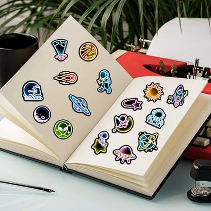50 Pcs Neon Space Planet Water Bottle Stickers | Cartoon Astronaut, Laptop Decals, Waterproof Vinyl, Phone Case Luggage Scrapbook Guitar DIY Decor - color: Non-luminescent-475kscp