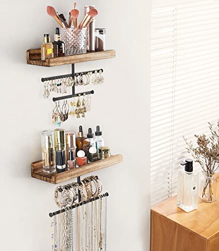 Keebofly Hanging Wall Mounted Jewelry Organizer with Rustic Wood Jewelry Holder Display for Necklaces Bracelet Earrings Ring Set of 2 Carbonized Black,[Patented] - color: Carbonized Black