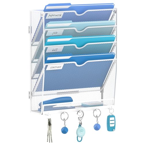5 Tier Wall File Organizer - Hanging File Organizer with 5 Hooks, Mail Holder Wall Mounted for Papers, Folders, Magazines, Bills, Office&School Organization, White - color: White, size: 5 Tier