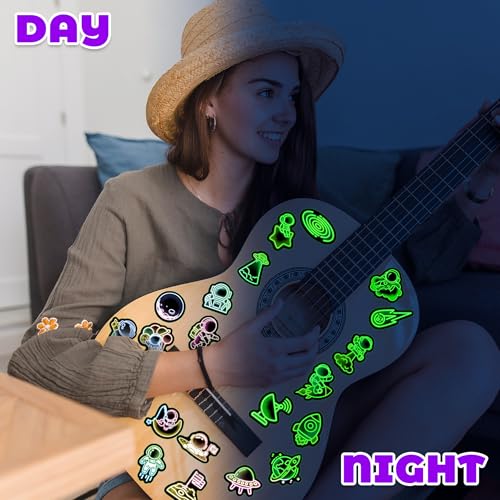 50 Pcs Glow in The Dark Neon Space Water Bottle Stickers | Cartoon Astronaut Planet, Laptop Decals, Waterproof Vinyl, Phone Case Luggage Scrapbook Guitar DIY Decor - color: Luminescent-475kscp