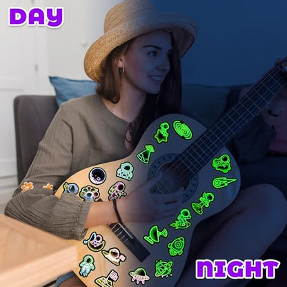 50 Pcs Glow in The Dark Neon Space Water Bottle Stickers | Cartoon Astronaut Planet, Laptop Decals, Waterproof Vinyl, Phone Case Luggage Scrapbook Guitar DIY Decor - color: Luminescent-475kscp