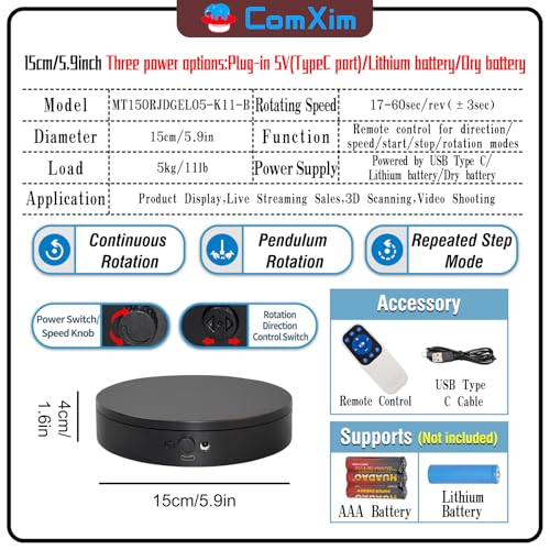 Motorized Rotating Display Stand with Remote, 5.91in 360 Electric Turntable for Display,Photography,3D Scanner Models, Motorized Lazy Susan and Photography Turntable Control Angle/Speed,Step/Swing/Continuous Rotation - size: 5.91inch/Black/11Lbs Load