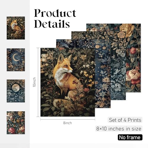 Locomiss Vintage Dark Cottagecore Wall Art Decor Posters, Country Floral Botanical Wall Art, Vintage Moody Forest Posters Print for Farmhouse Bedroom Bathroom Living Room, Set of 4 (8x10 Unframed) - color: fox