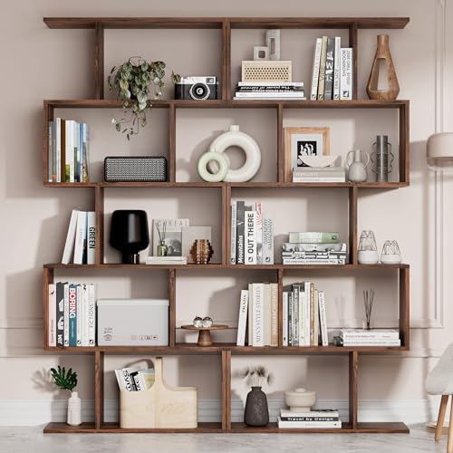 Cozy Castle Set of 2 Geometric Bookcase, S-Shaped Modern Bookshelf, Room Divider Bookshelf, 62" Tall Unique Abstract Bookcase with 5-Tier Display Shelf for Living Room Office, Rustic Brown - color: Rustic Brown