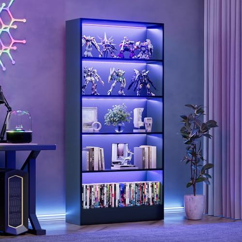 CODACE Tall Wooden Black Bookshelf - Book Shelf with LED Lights, Lighted Display Shelf with 5-Tier Shelves, Large Display Bookshelves for Collectibles, Modern Bookcase for Living Room, Bedroom, Office - size: 5 Tiers - 10.2"D x 27.5"W x 65"H