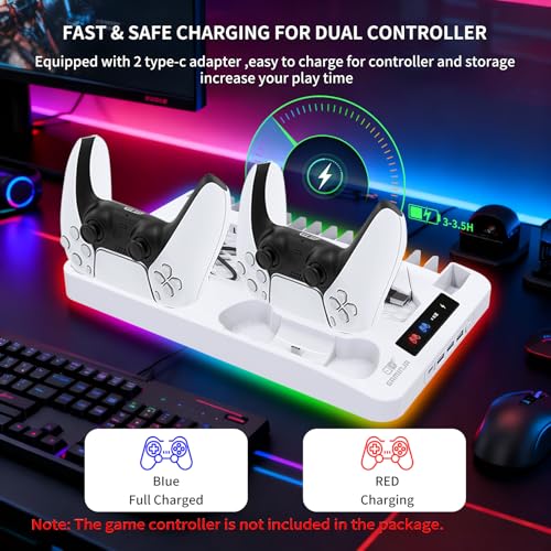 Cooling Station for Ps5/Slim/Pro Disc & Digital Playstation 5 Vertical Stand Organizer with Dual Controller Charger,16 Game Slots,7 Rgb,,3 Usb Ports,Headset & Remote Holder (White) - color: White
