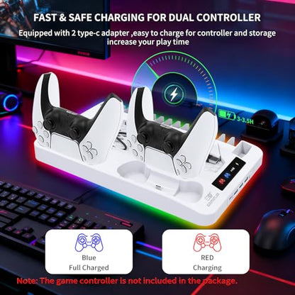 Cooling Station for Ps5/Slim/Pro Disc & Digital Playstation 5 Vertical Stand Organizer with Dual Controller Charger,16 Game Slots,7 Rgb,,3 Usb Ports,Headset & Remote Holder (White) - color: White