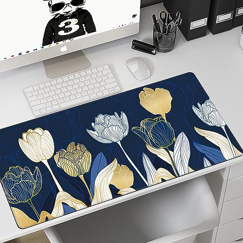 MIOAOSRT Desk Mat,Luxury Gold Tulip Flower Large Gaming Mouse Pad with Stitched Edges,Non-Slip Computer Mouse Pad for Desk,Extended XXL Keyboard and Mouse Pad 35.4x15.75 in - color: Luxury Gold Tulip Flower
