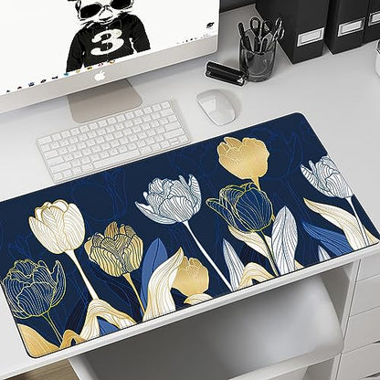 MIOAOSRT Desk Mat,Luxury Gold Tulip Flower Large Gaming Mouse Pad with Stitched Edges,Non-Slip Computer Mouse Pad for Desk,Extended XXL Keyboard and Mouse Pad 35.4x15.75 in - color: Luxury Gold Tulip Flower