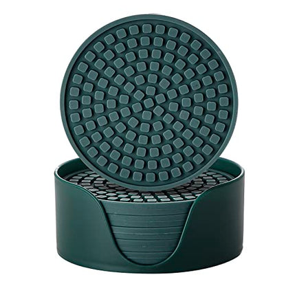 Colinda Silicone Drink Coasters with Holder, Set of 6, Outdoor Cup Mat for Hot or Cold Drinks, Thickened, Non-Slip,Non-Stick, Malachite Green - color: Malachite Green