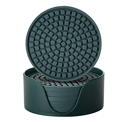 Colinda Silicone Drink Coasters with Holder, Set of 6, Outdoor Cup Mat for Hot or Cold Drinks, Thickened, Non-Slip,Non-Stick, Malachite Green - color: Malachite Green