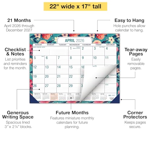 Desk PAD: 22" x 17" Large Print Desk Pad Calendar, APR 2026 - DEC 2027, 21 Months, (Teal Floral) - color: Teal Floral