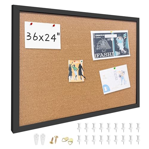Cork Bulletin Board, 36x24 Inches Hanging Cork Board Wooden Framed with Pins for Wall, Dorm Room, Office, Home Decor – Natural Cork & Black Frame - color: Black, size: 24" x 36"