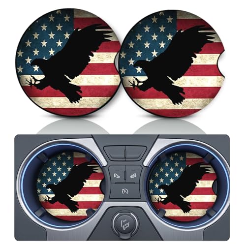 2PCS USA Flag Bald Eagle Car Cup Holder Coasters, Cars Coasters for Cup Holders, 2.75" Universal Anti Slip Rubber Mat with Finger Slot, Patriotic Eagles Car Accessories Interior Decor, Eagle Gifts - color: American Flag Bald Eagle