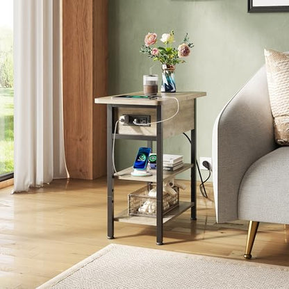 WLIVE End Table with Charging Station, Flip Top Narrow Side Table with Storage Shelf, Small Nightstand with USB Ports and Outlets,Bedside Table for Living Room, Bedroom,11.81" D x 23.62" W x 24.33" H - color: Greige