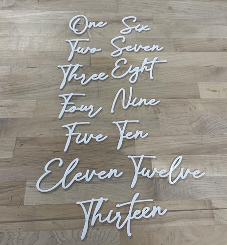 Cursive Wedding Table Number SET, DIY thin modern Black or White acrylic cutouts with silicone glue included. Words only, no backing (One - Thirty, Gloss White) - color: Gloss White, size: One - Thirty