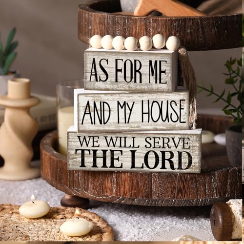 Yuntau 4 Pcs Farmhouse Christian Decor Farmhouse Bible Verse Tiered Tray Decor Rustic Retro Wood Bead Garland As for Me and My House We Will Serve The Lord Block Jesus Sign for Home Shelf Mantel - style: Bible Verse