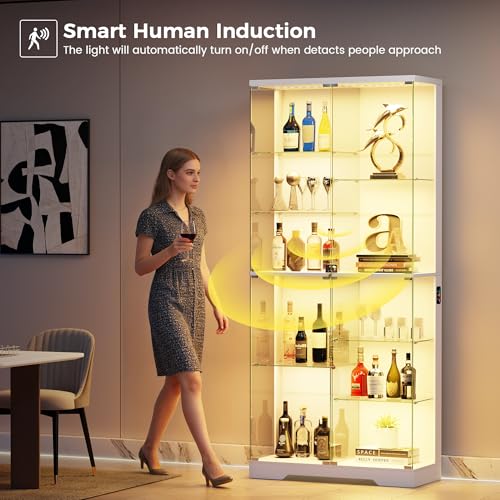HNEBC Display Cabinet with Glass Doors - 10-Tiers 71” Curio Cabinet with RGB Lights, Frameless Tall Display Case for Collectibles/Figures, Locking Showcase Cabinet with Shelf for Living Room (White)