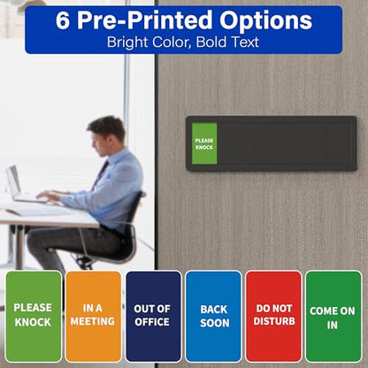 Office Door Signs with 6 Printed Status Options – Do Not Disturb, Out of Office, In a Meeting, Please Knock, Back Soon, Come on in – Includes Custom Personalized Blank Sticker for Privacy Workspace or Studio Available and Away - style: Black--Come on in
