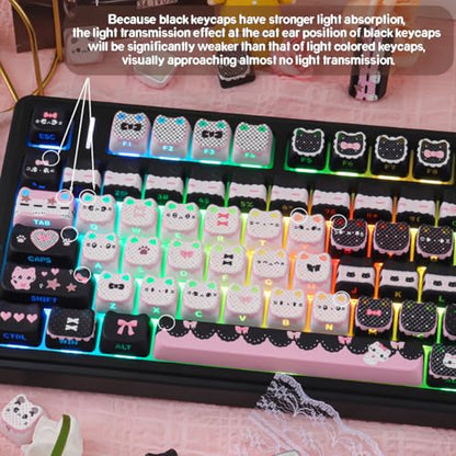 PBT Keycaps - Side Print Cat Keycaps, 113 Keys Shine Through Dye-Sub Cute Keycap, Mao Profile Custom Keycap for 60 65 75 100 Percent Cherry MX Mechanical Keyboard - color: Black Pink Meow