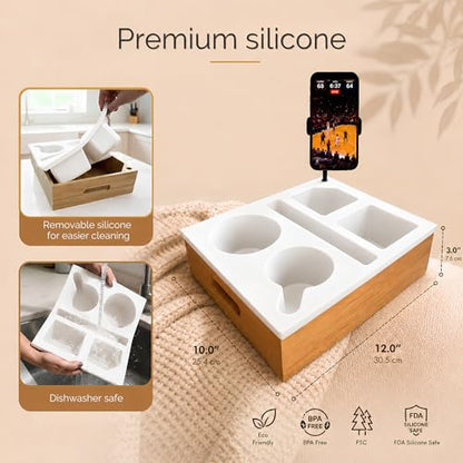 Couch Caddy with Cup Holder | Wood Couch Cup Holder Tray for Drinks, Snacks & Remotes | Sofa Couch Organizer with Phone & Cup Holder Tray (White) - color: White