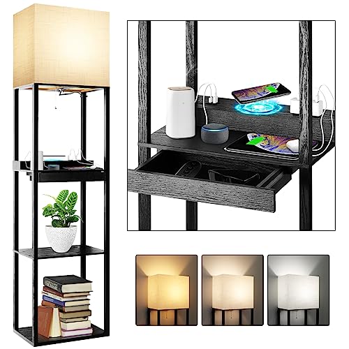 RUNTOP Plus Charging Station Floor Lamp with Wireless Charger, 2 USB-C Port, 2 Power Outlet, Floor Lamp with Shelves, 15W LED Bulb, 3 Colors, Memory Function, Standing Lamp for Living Room Bedroom - color: Upgraded Plus- Black with Wireless Charger &USB P