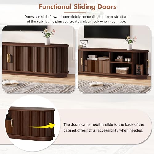 Walnut Rustic TV Stand with Sliding Wood Doors - 75" TV Media Console