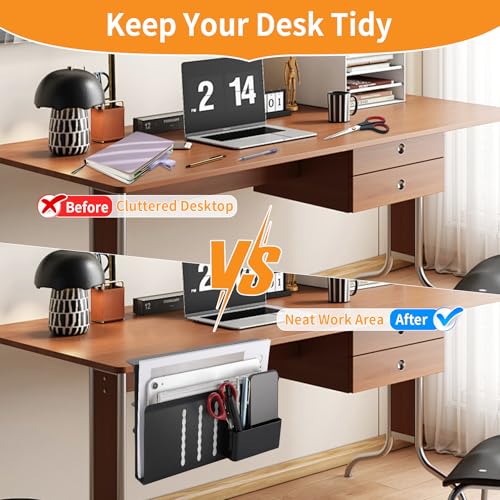 Desk Side Storage with Pen Holder, No Drill Hanging Desk Organizer Under Desk Storage Mount, Clamp-On Laptop Holder Table Side Tray Desktop Organization for Office and Home (Black)
