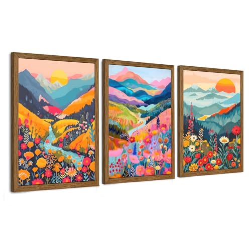 InspiredHues Colorful Mountain Boho Canvas Wall Art Set, 3 Piece Watercolor Flower Picture Wall Decor, Abstract Nature Landscape Artwork Prints for Living Room Bedroom Office 12x16 In Wood Framed - color: Mountain, size: 16"L x 12"W