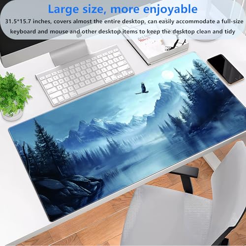 Extended Gaming Mouse Pad XL, Snow Mountain Desk Mat 31.5x15.7, Non-Slip | Majestic large computer desk mat with a soaring eagle and winter mountain landscape print. Ideal for cozy studios. - color: Snow Mountain Eagle