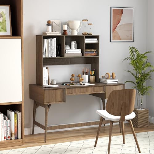 Giantex Desktop Bookshelf, Countertop Storage Hutch with 4 Shelves for Computer Desk, Dressing Tabletop Display Rack, Multipurpose Desk Hutch Storage Organizer for Home Office Dorm (Grey Oak) - color: Grey Oak, size: 4 Shelves (28.5"H)