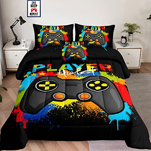 5 Pieces Bed in a Bag for Gaming Bedding Set,Boys Gamer Comforter Set with Flat Sheet,Fitted Sheet,Pillowcases,Cushion Cover,Game Console Pattern Bed Set for Kids Boys Room Decor - color: A19 Colorful, size: Twin