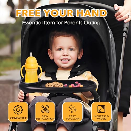 Snack Tray Compatible with Mockingbird,Nuna,Evenflo Stroller | Adjustable Stroller Snack Tray with Cup Holder and Phone Holder, Stroller Accessories Black