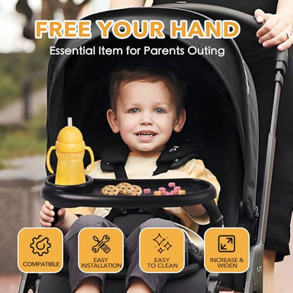 Snack Tray Compatible with Mockingbird,Nuna,Evenflo Stroller | Adjustable Stroller Snack Tray with Cup Holder and Phone Holder, Stroller Accessories Black