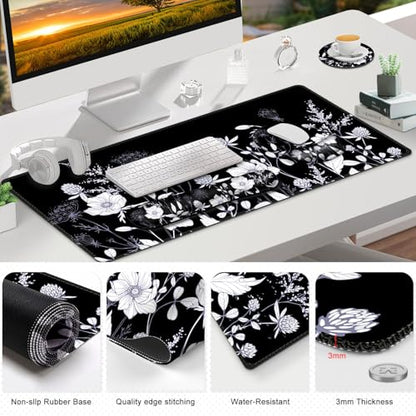 Gaming Mouse Pad, Large Desk Mat, Cute Desk Pad Protector, 4in1 XXL Mousepad + Keyboard Wrist Rest+Mouse Wrist Rest+Coaster Set with Ergonomic Desk Pad for Home Office PC Computer, Black White Flowers - color: Black White Flowers