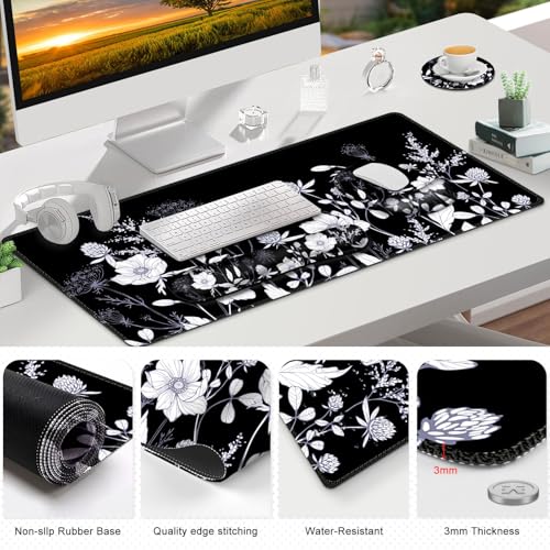 Gaming Mouse Pad, Large Desk Mat, Cute Desk Pad Protector, 4in1 XXL Mousepad + Keyboard Wrist Rest+Mouse Wrist Rest+Coaster Set with Ergonomic Desk Pad for Home Office PC Computer, Black White Flowers - color: Black White Flowers
