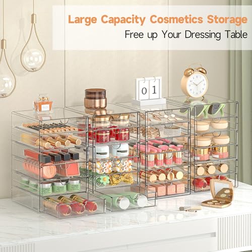 Makeup Drawer Storage Organizer with 24 Drawers, 4 Set Acrylic Office Desk Organization and Storage, Dustproof Drawer Organizer for Makeup, Office, Countertop, Jewelry, Pen, Desktop, Bathroom, Bedroom - size: 24 Drawers