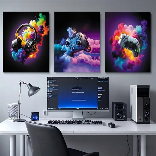 TimAsh Framed Gaming Room Decor Canvas Wall Art Set of 3 Gamepad Headphones Wall Decor Video Gaming Esports Theme Picture Prints for Teen Boys Game Room Play Room Kids Bedroom 24L x 16W - size: 24L" x 16W"