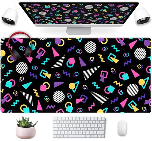 Retro 80s Desk Mat, Cute 90s XXL Large Gaming Mouse Pad, Black Boho Desk Pad with Stitched Edges, Computer Laptop Keyboard and Mouse Mat, Aesthetic Office Decor Non-Slip Mosuepad, 31.5x15.75 in - color: Black Boho