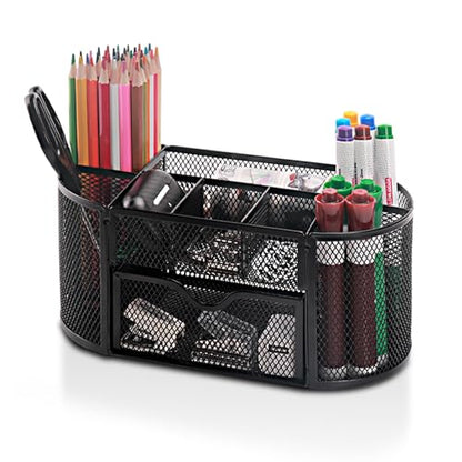 Comix Mesh Pen Pencil Holder Desk Organizer, 8 Compartment and 1 Drawer Wire Desktop Pen Pencil Cup Caddy Office Supplies Accessories for Home Office School, Black - color: 8 Compartments