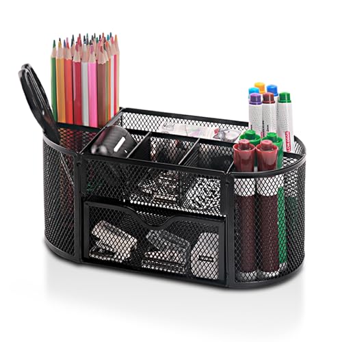 Comix Mesh Pen Pencil Holder Desk Organizer, 8 Compartment and 1 Drawer Wire Desktop Pen Pencil Cup Caddy Office Supplies Accessories for Home Office School, Black - color: 8 Compartments